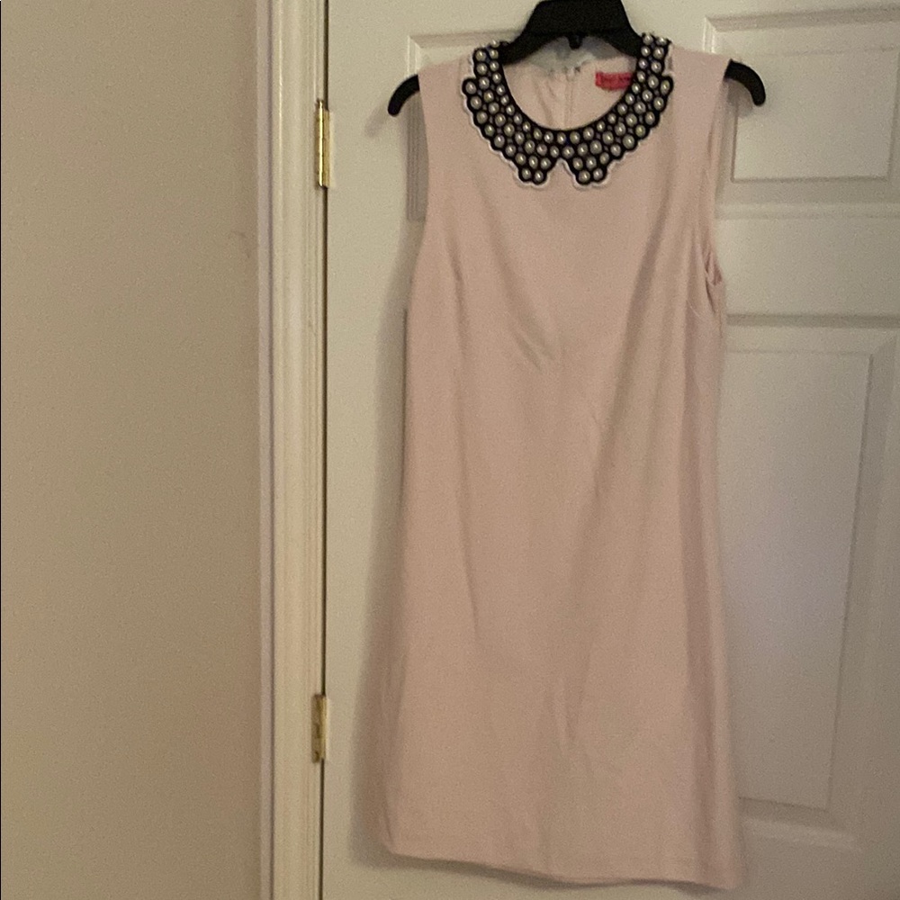 Pink and Tan Embellished Sheath Mini Dress